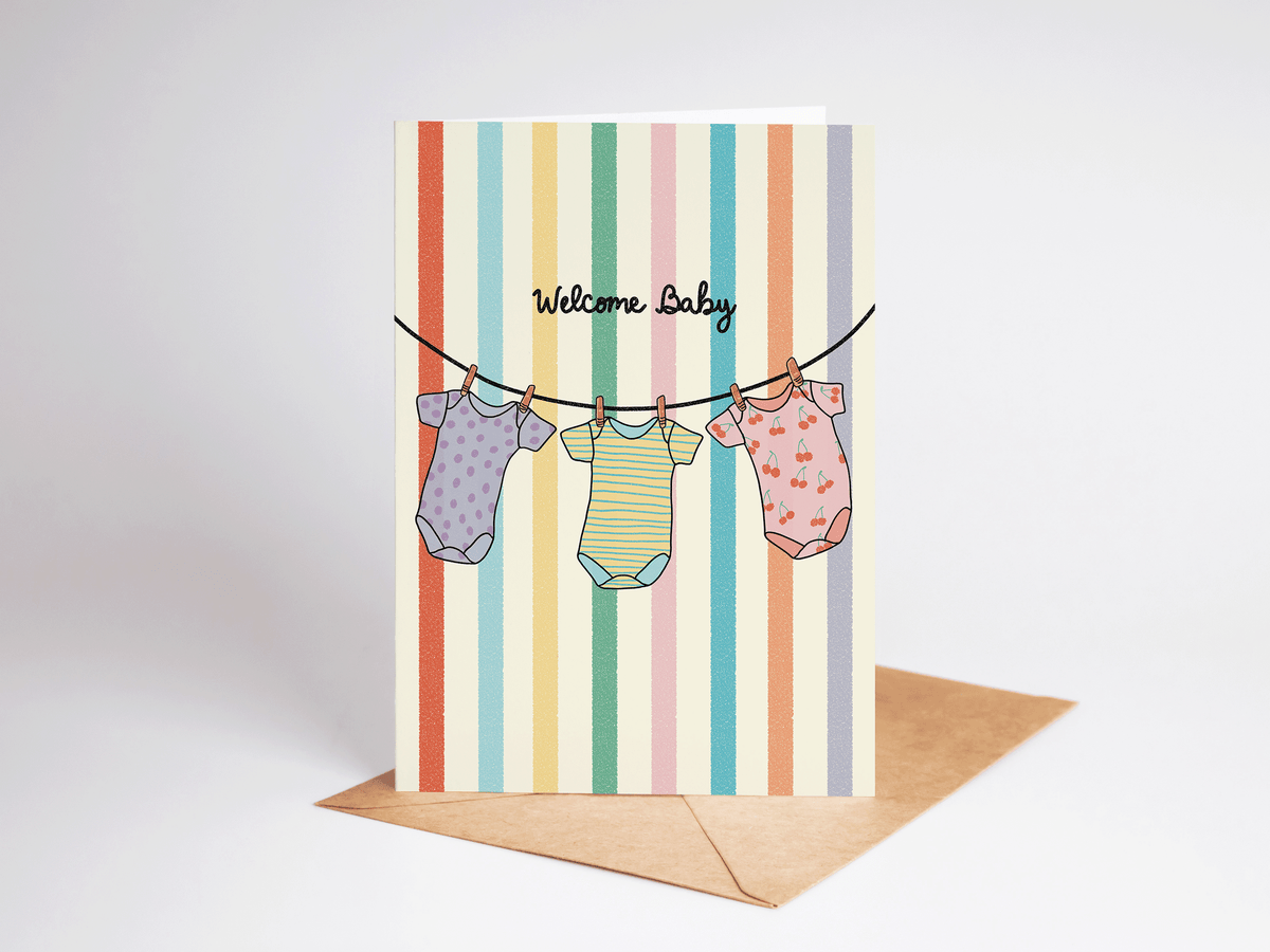 Welcome Baby Onesies Rainbow Striped New Baby Greeting Card