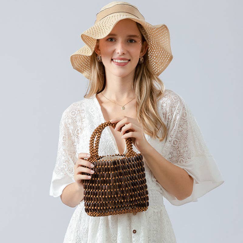 Handmade Wooden Bead Woven Handbags Brown