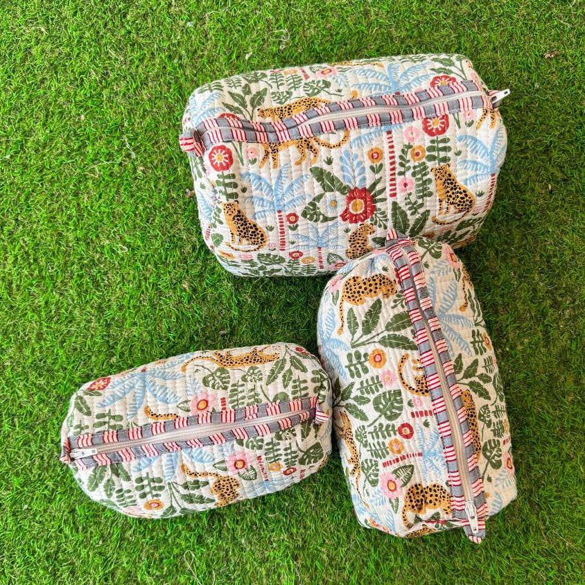Tiger Printed Cotton Quilted Bag Zipper Makeup Bags