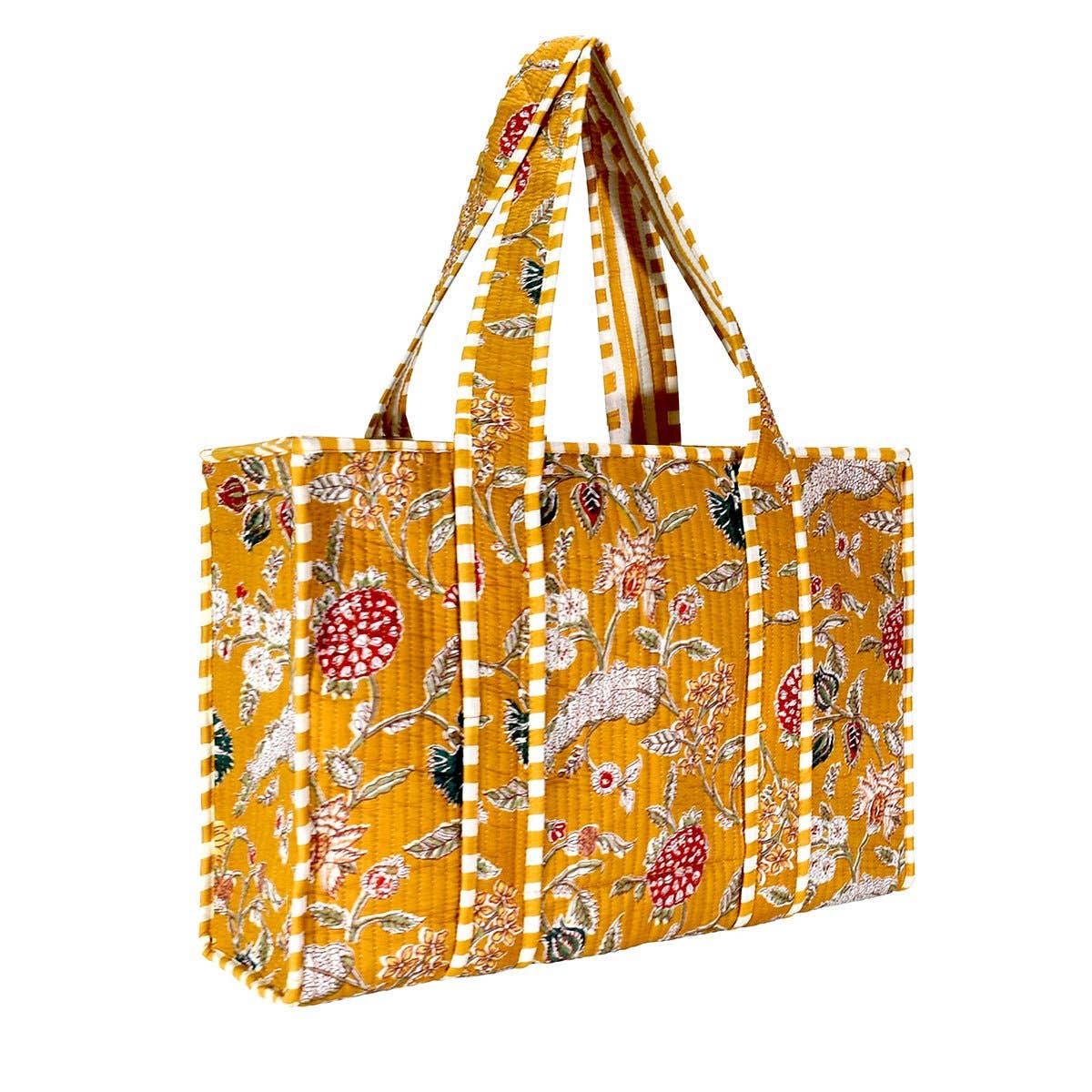Small Yellow Cotton Block Print Tote Bag (Zipper)