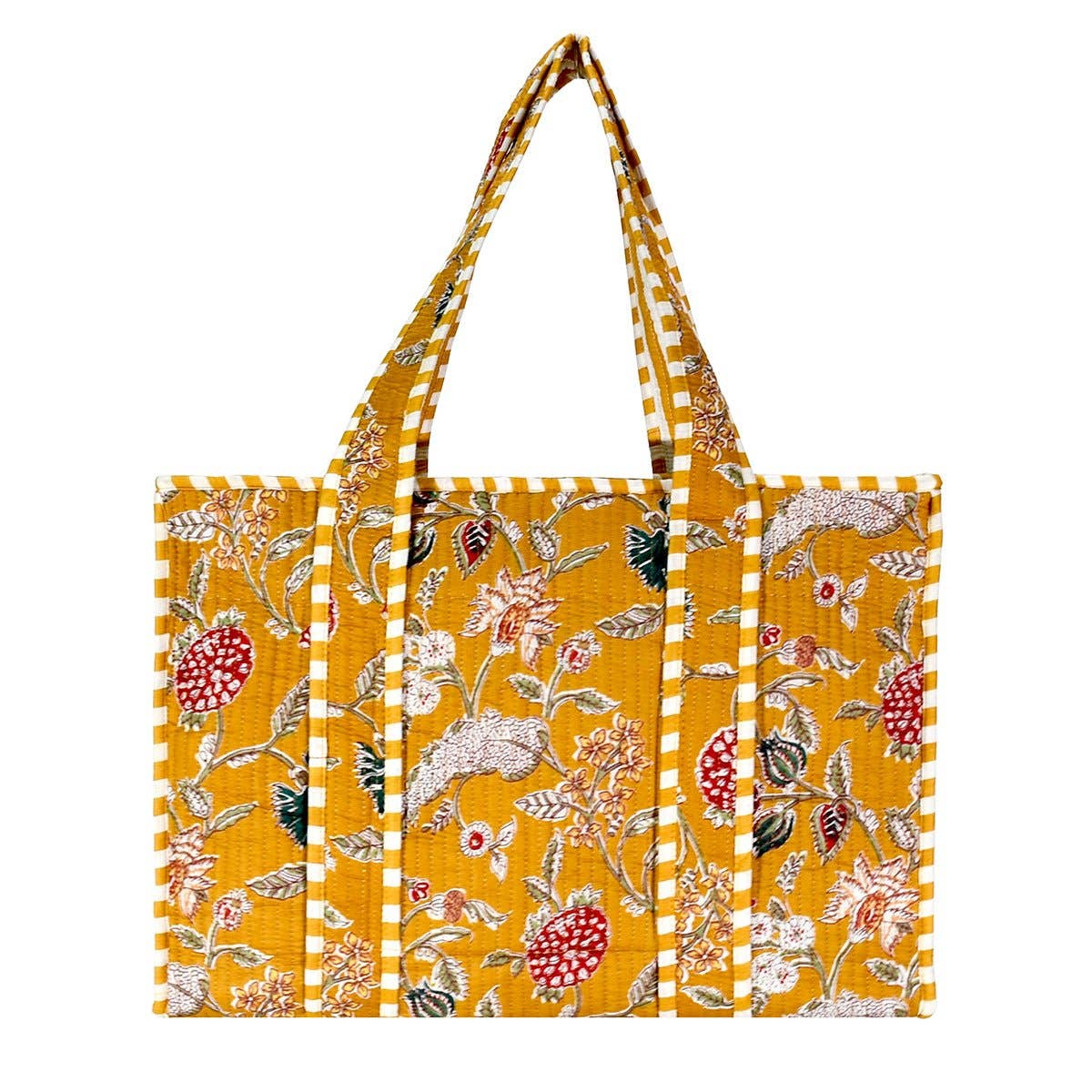 Small Yellow Cotton Block Print Tote Bag (Zipper)