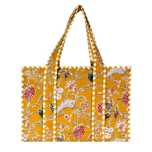 Small Yellow Cotton Block Print Tote Bag (Zipper)