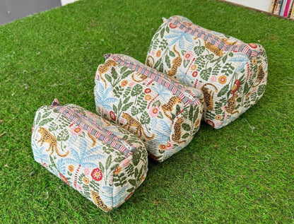 Tiger Printed Cotton Quilted Bag Zipper Makeup Bags