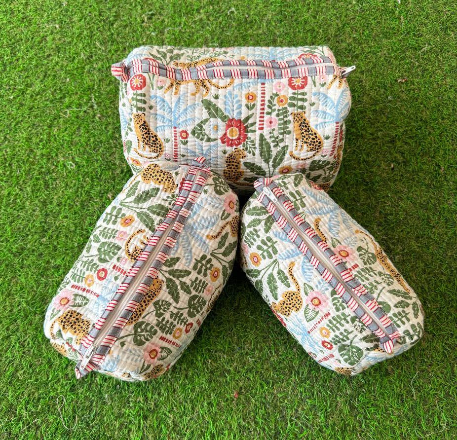 Tiger Printed Cotton Quilted Bag Zipper Makeup Bags