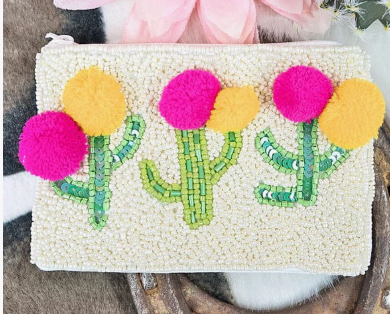 Cactus Pom Pom Beaded Coin Purse