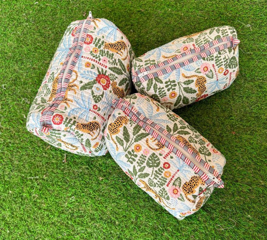 Tiger Printed Cotton Quilted Bag Zipper Makeup Bags