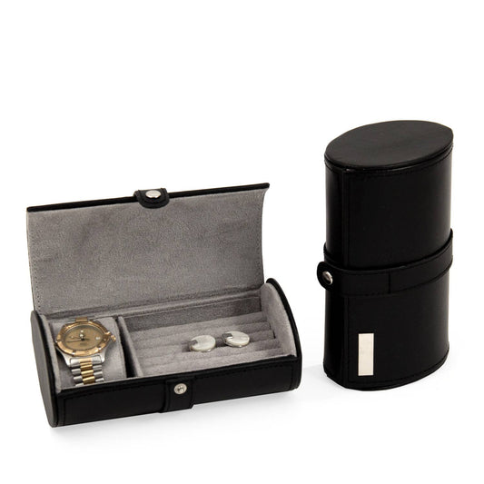 Black Leather Watch and Cufflink Travel Case