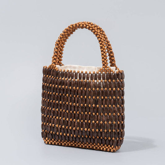 Handmade Wooden Bead Woven Handbags Brown