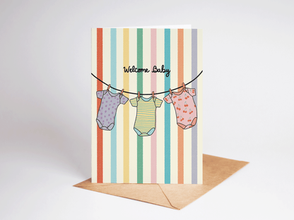 Welcome Baby Onesies Rainbow Striped New Baby Greeting Card