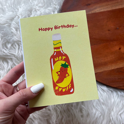 "Happy birthday hot stuff" Hot Sauce Birthday Card