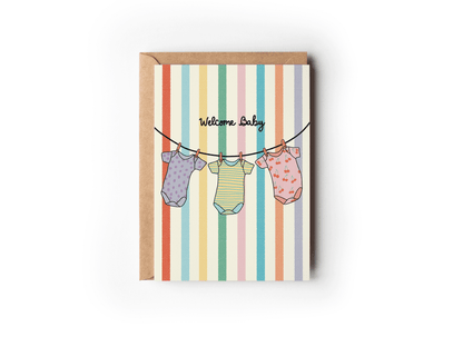 Welcome Baby Onesies Rainbow Striped New Baby Greeting Card